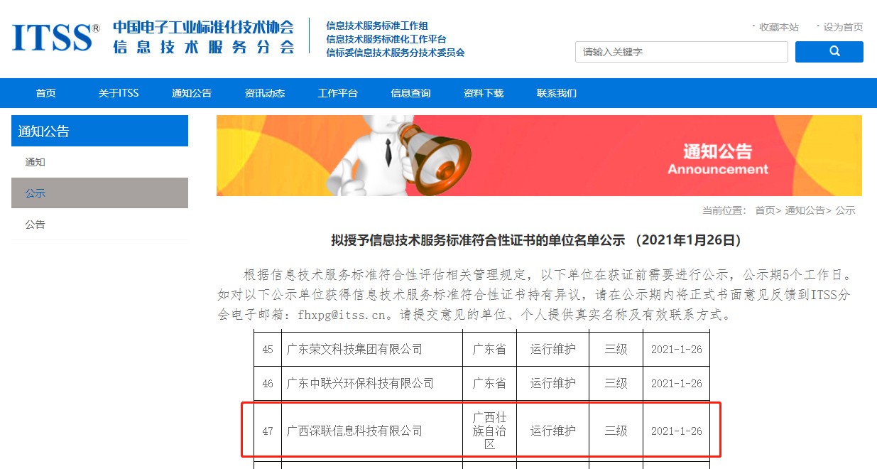 深联公司获得ITSS资质信息公布图片